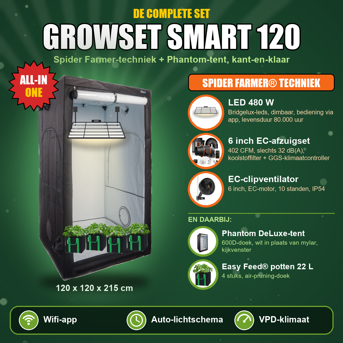 Growset Smart 120: complete set met Phantom-tent 120x120x215 cm en Spider Farmer G5000 LED