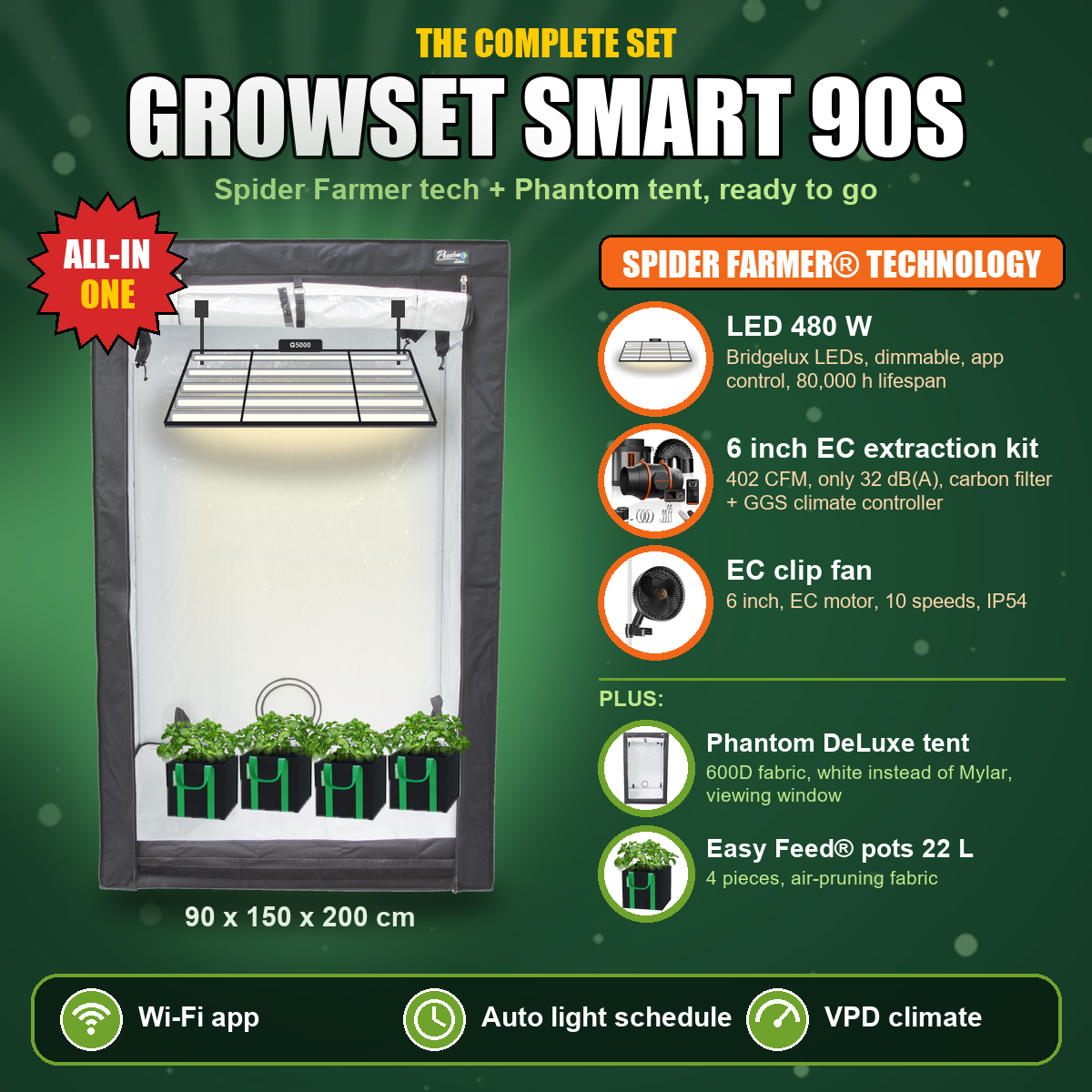 Growset Smart 90S: complete set with Phantom tent 90x150x200 cm and Spider Farmer G5000 LED