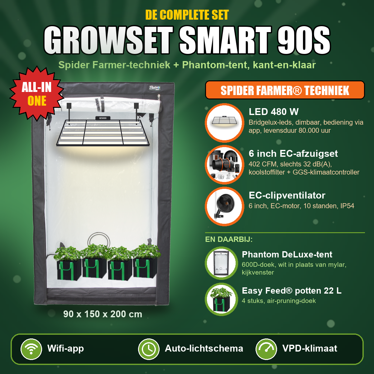 Growset Smart 90S: complete set met Phantom-tent 90x150x200 cm en Spider Farmer G5000 LED