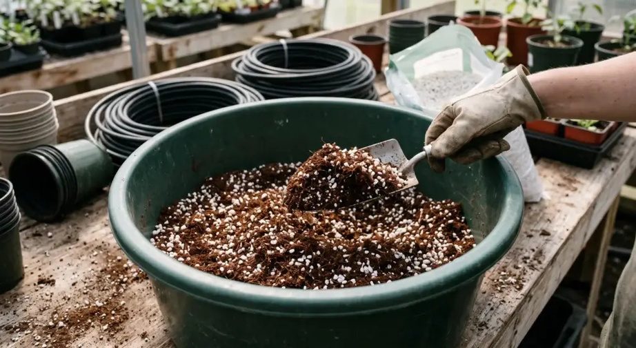 Erde wird in einer Wanne mit Perlite gemischt