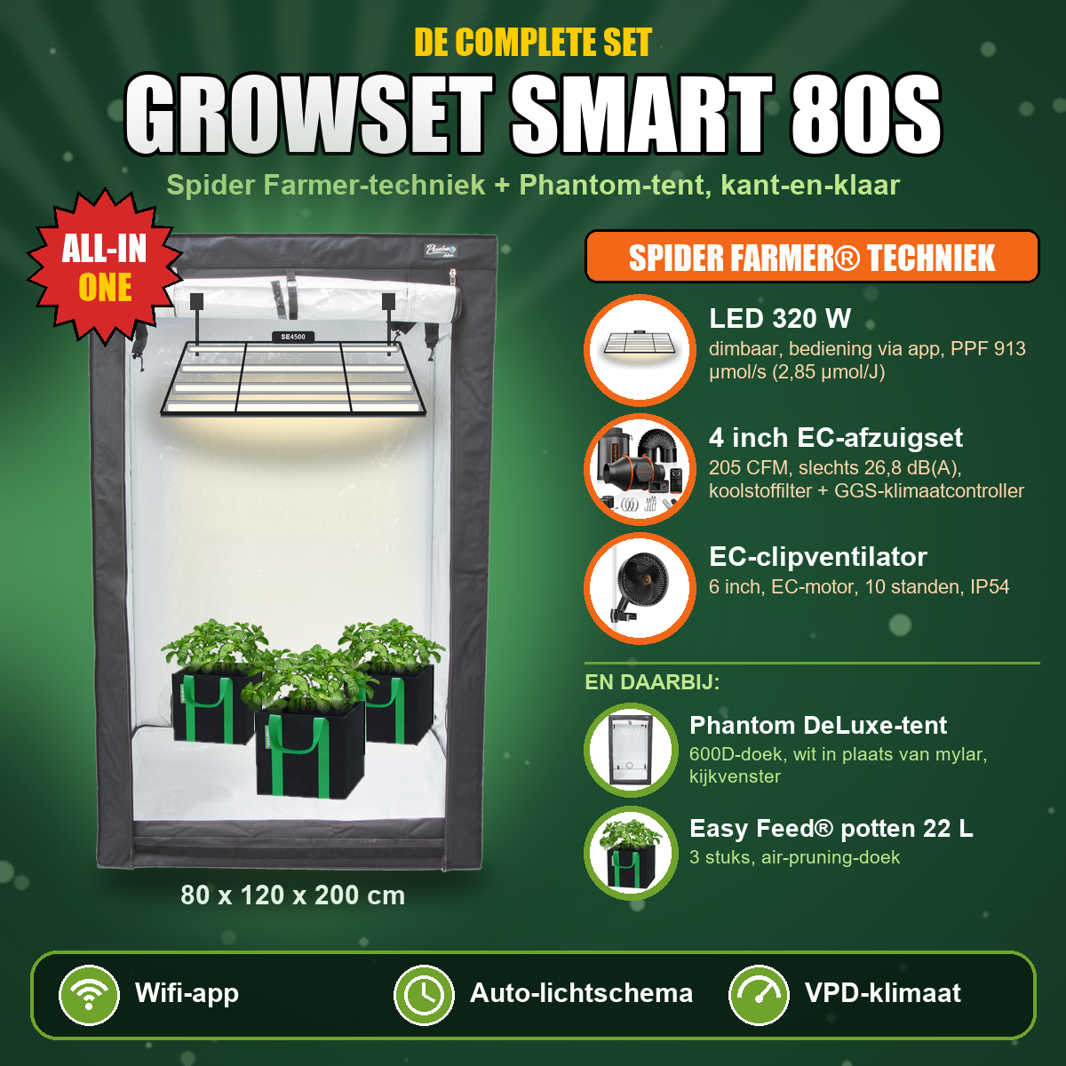 Growset Smart 80S: complete set met Phantom-tent 80x120x200 cm en Spider Farmer SE4500 LED