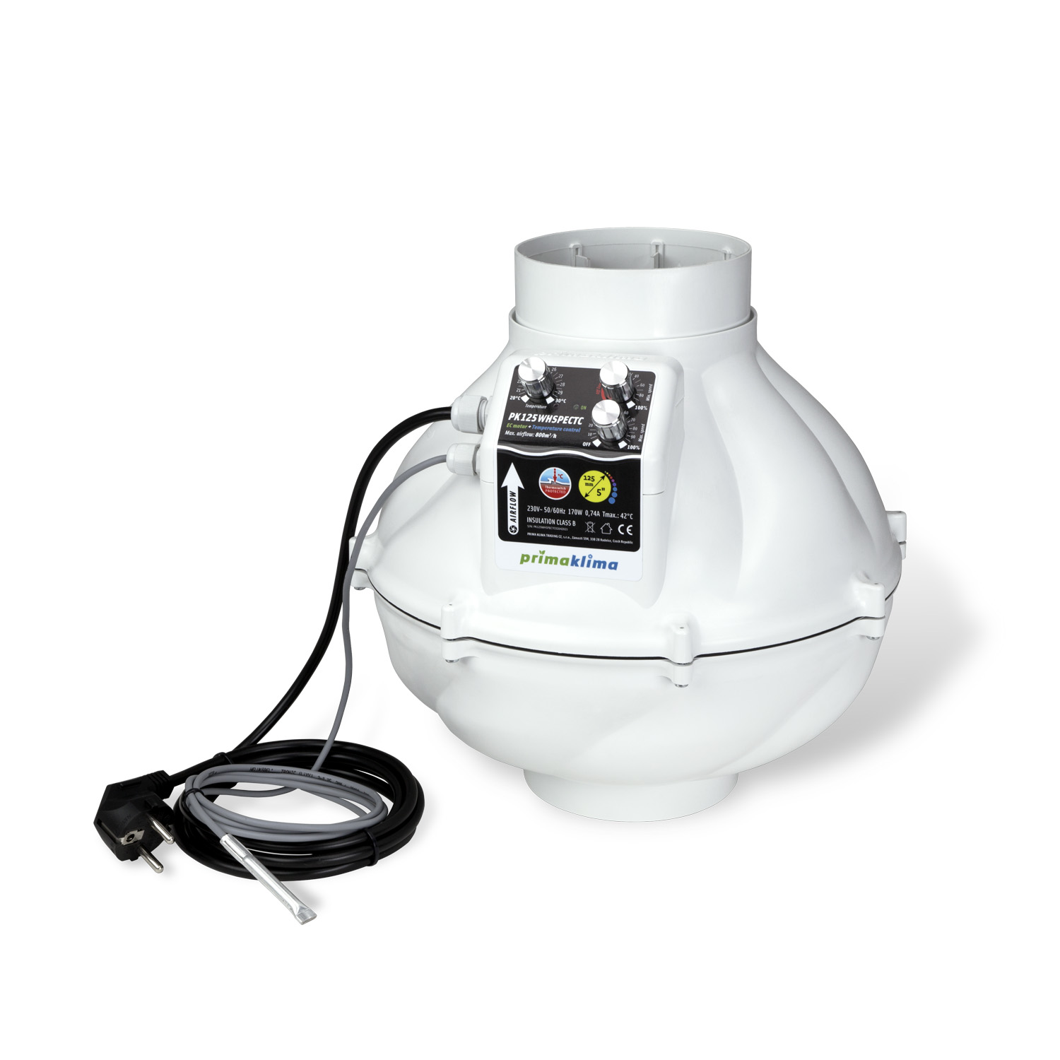 PrimaKlima Whisperblower EC Ø125mm - Temp.-Regler - 800 m³/h - Rohrventilator