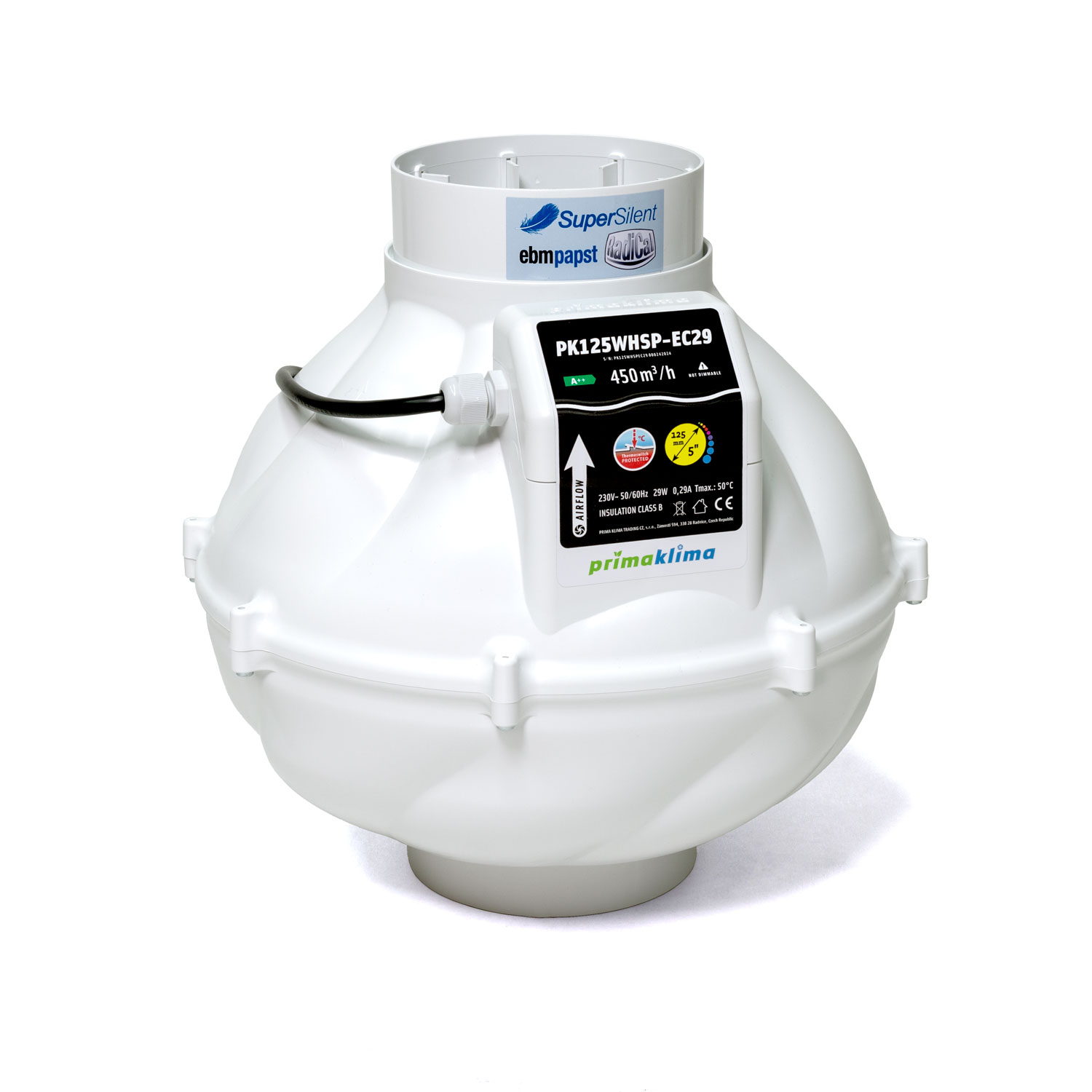 PrimaKlima Whisperblower EC - Ø125mm - 450m3/h - Nicht dimmbar - Rohrventilator